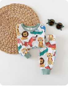 Baby Boy Cute Casual Snug Fit Comfortable Cartoon Pattern Long Sleeve Pajama Set(2 Sets, Get 1 Set Random) - Multicolor - View 2