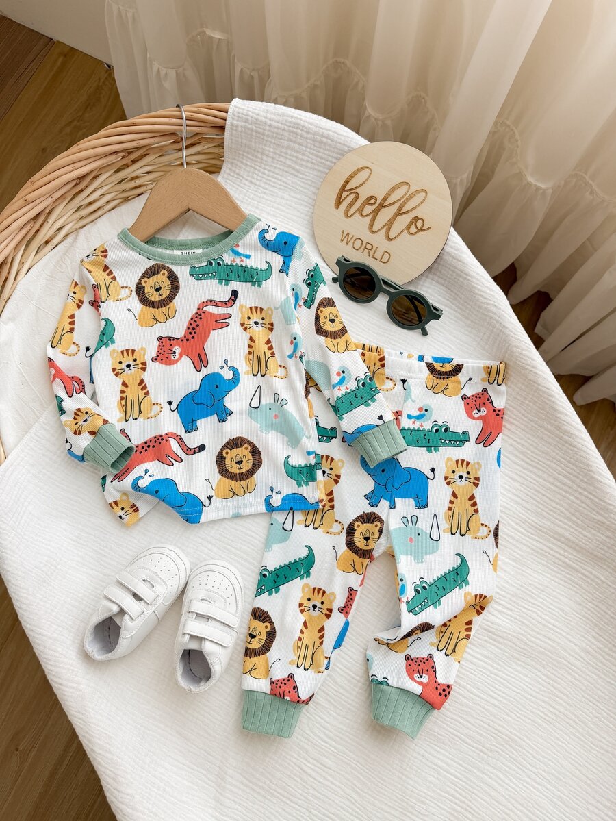 Baby Boy Cute Casual Snug Fit Comfortable Cartoon Pattern Long Sleeve Pajama Set(2 Sets, Get 1 Set Random) - Multicolor - View 1