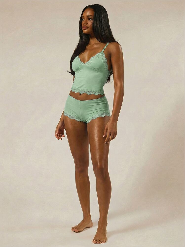 MUSERA Triangle Bust Lace Trim Adjustable Strap Cami Top And Fitted Boxer Boyshort Multipack Set Autumn Winter Fall Underwear Everyday Cosy Lounge Essential Valentines Day Summer Vacation Spring Summer Vacation Holiday - Mint Green - View 5