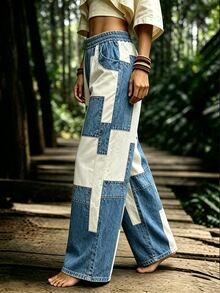 Selamara Celana Panjang Wanita Kasual Bermotif Denim dengan Tali Ikat - MultiWarna - View 3