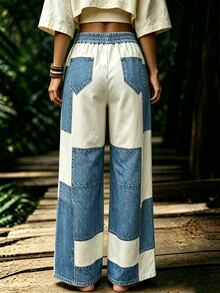 Selamara Celana Panjang Wanita Kasual Bermotif Denim dengan Tali Ikat - MultiWarna - View 2