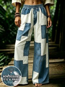 Selamara Celana Panjang Wanita Kasual Bermotif Denim dengan Tali Ikat - MultiWarna - View 1
