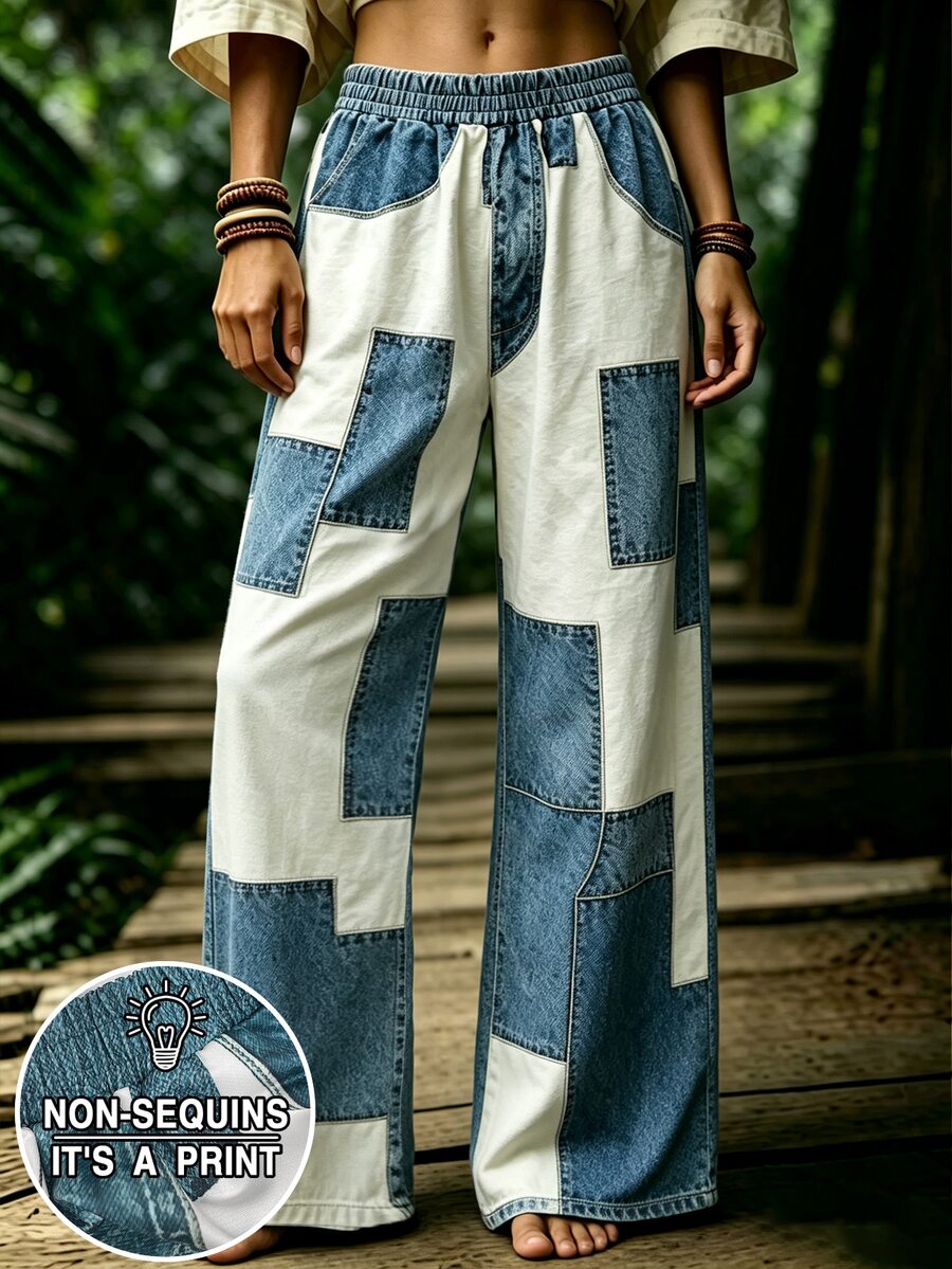 Selamara Celana Panjang Wanita Kasual Bermotif Denim dengan Tali Ikat - MultiWarna - View 1