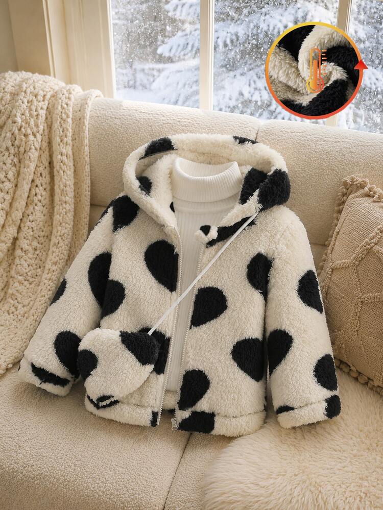 Elladie kids Girls' Cute Sweet Black Heart Fuzzy Jacket With Heart-Shaped Small Bag, Suitable For Daily Wear And Multiple Occasions, Perfect For Autumn/Winter - Black - View 5