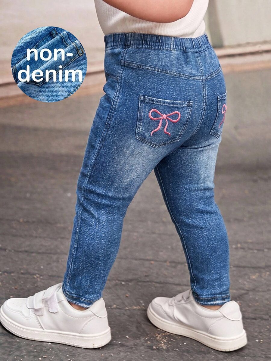 SHEIN Baby Girl Cute Bow Knit Elastic Waist Pants, Summer - Blue - View 1