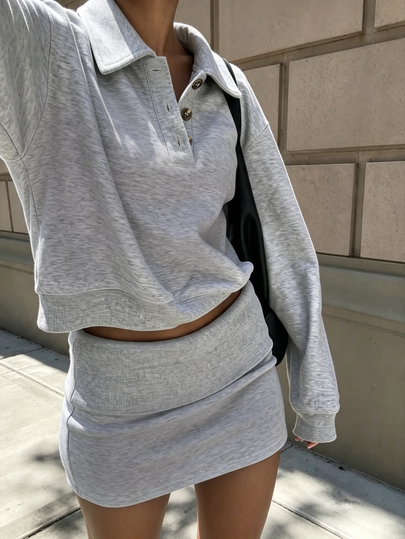 INAWLY Solva Spring/Autumn Casual Preppy Style Heather Gray Polo Collar Long Sleeve Sweatshirt & Mini Skirt 2 Pieces Set, Half-Button Cinched Waist Cropped Top & High-Waisted Bodycon Skirt, Soft Skin-Friendly Knit Fabric, Versatile For Campus, Streetwear And Commuting