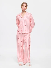Bonmuse 两件套女士宽松舒适透气长袖上衣和长裤睡衣套装，可爱家居服 - 粉色 - 查看 5