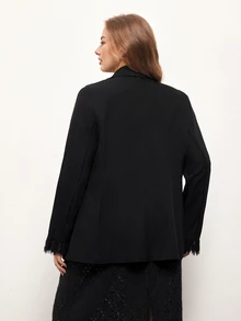Maija Plus Size Women's Solid Color Lapel NeckContrast Lace Cuff Elegant Blazer - Black - View 3