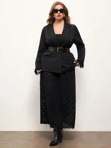 Maija Plus Size Women's Solid Color Lapel NeckContrast Lace Cuff Elegant Blazer - Black - View 6
