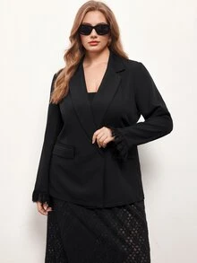 Maija Plus Size Women's Solid Color Lapel NeckContrast Lace Cuff Elegant Blazer - Black - View 5