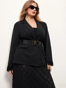Maija Plus Size Women's Solid Color Lapel NeckContrast Lace Cuff Elegant Blazer - Black - View 8