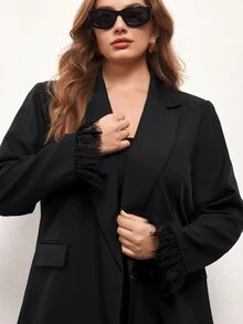 Maija Plus Size Women's Solid Color Lapel NeckContrast Lace Cuff Elegant Blazer - Black - View 4