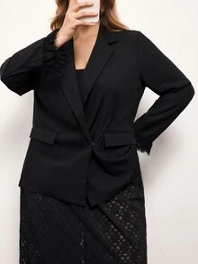 Maija Plus Size Women's Solid Color Lapel NeckContrast Lace Cuff Elegant Blazer - Black - View 7