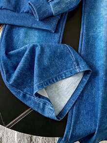 SHEIN Elladie kids Denim Look Look 2pcs/Set Girl Ribbed Knit Two Piece Set Long Sleeve Crew Neck Top Pants Soft Stretch Comfortable Casual Lounge Co-Ord Autumn School - Blue - View 8