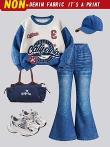 SHEIN Elladie kids Denim Look Look 2pcs/Set Girl Ribbed Knit Two Piece Set Long Sleeve Crew Neck Top Pants Soft Stretch Comfortable Casual Lounge Co-Ord Autumn School - Blue - View 7