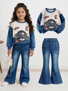 SHEIN Elladie kids Denim Look Look 2pcs/Set Girl Ribbed Knit Two Piece Set Long Sleeve Crew Neck Top Pants Soft Stretch Comfortable Casual Lounge Co-Ord Autumn School - Blue - View 2