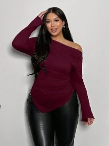Firerie Plus Size Women Red Solid Asymmetric Hem Ruched Shoulder Long Sleeve Fitted Fashionable T-Shirt/Winter - Burgundy - View 9