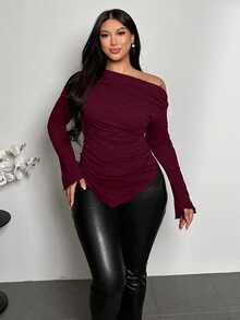 Firerie Plus Size Women Red Solid Asymmetric Hem Ruched Shoulder Long Sleeve Fitted Fashionable T-Shirt/Winter - Burgundy - View 6