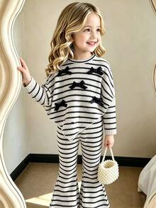 SHEIN Playful Pals 2pcs Young Girls Vintage Style Brown Ribbed Set, Soft Skin-Friendly Ribbed Fabric, Round Neck Top With Pearl Decor And Lantern Sleeve, Flared Pants - Black and White - View 7