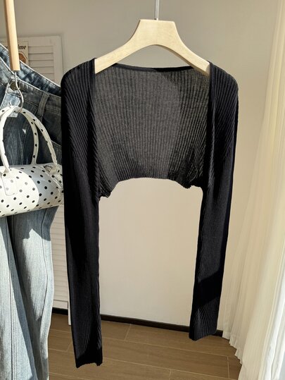 Comfortcana Plus Solid Open Front Crop Cardigan Office Dates Black Autumn Simple Normal Winter