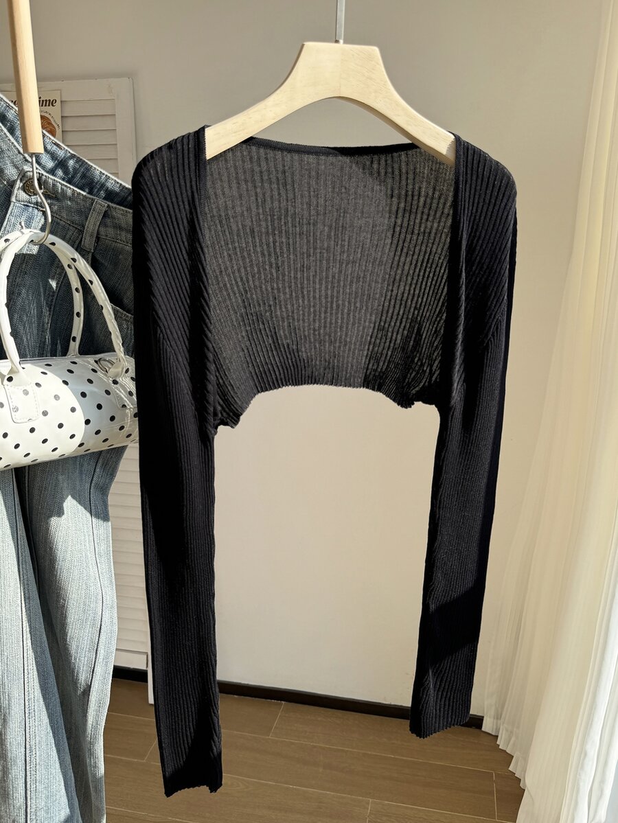 Comfortcana Plus Solid Open Front Crop Cardigan Office Dates Black Autumn Simple Normal Winter - Black - View 1