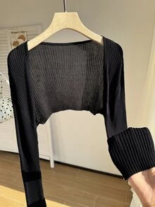 Comfortcana Plus Solid Open Front Crop Cardigan Office Dates Black Autumn Simple Normal Winter - Black - View 7