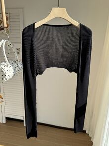 Comfortcana Plus Solid Open Front Crop Cardigan Office Dates Black Autumn Simple Normal Winter - Black - View 6