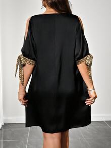 SHEIN Clasi Plus Size Women's V-Neck Tie Sleeve Shiny Fabric Patchwork Print Mini Dress, Spring/Summer Outfit - Black - View 2