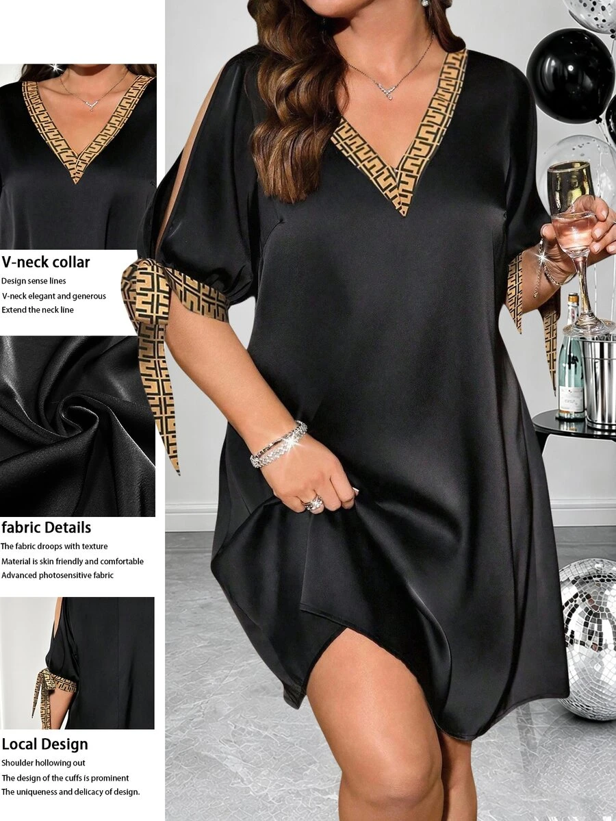 SHEIN Clasi Plus Size Women's V-Neck Tie Sleeve Shiny Fabric Patchwork Print Mini Dress, Spring/Summer Outfit - Black - View 1