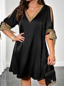 SHEIN Clasi Plus Size Women's V-Neck Tie Sleeve Shiny Fabric Patchwork Print Mini Dress, Spring/Summer Outfit - Black - View 3