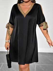 SHEIN Clasi Plus Size Women's V-Neck Tie Sleeve Shiny Fabric Patchwork Print Mini Dress, Spring/Summer Outfit - Black - View 6