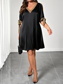 SHEIN Clasi Plus Size Women's V-Neck Tie Sleeve Shiny Fabric Patchwork Print Mini Dress, Spring/Summer Outfit - Black - View 5
