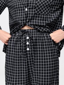 Bonmuse 两件套女士翻领长袖睡衣套装，舒适休闲睡衣家居服 - 黑色 - 查看 10