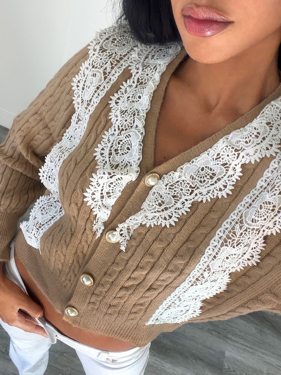Selianne Women's Soft Lace Patchwork Long Sleeve Knit Cardigan - Khaki - View 1