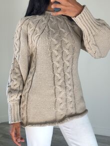 Sprig & Strand Women's Vintage Cable Knit Fashion Long Sleeve Sweater, Simple Daily Wear - Khaki - View 3