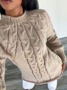 Sprig & Strand Women's Vintage Cable Knit Fashion Long Sleeve Sweater, Simple Daily Wear - Khaki - View 5