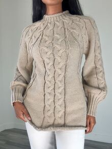 Sprig & Strand Women's Vintage Cable Knit Fashion Long Sleeve Sweater, Simple Daily Wear - Khaki - View 1