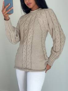 Sprig & Strand Women's Vintage Cable Knit Fashion Long Sleeve Sweater, Simple Daily Wear - Khaki - View 4