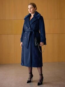 MOTF PREMIUM PLUS SIZE WOMEN'S AUTUMN/WINTER WOOL PATCHWORK FAUX FUR LONG OVERCOAT - Navy Blue - View 6