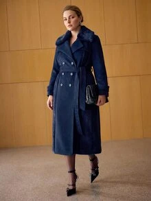 MOTF PREMIUM PLUS SIZE WOMEN'S AUTUMN/WINTER WOOL PATCHWORK FAUX FUR LONG OVERCOAT - Navy Blue - View 4