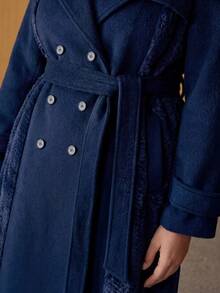 MOTF PREMIUM PLUS SIZE WOMEN'S AUTUMN/WINTER WOOL PATCHWORK FAUX FUR LONG OVERCOAT - Navy Blue - View 2