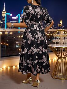 SHEIN Lady 大尺碼女款花卉印花休閒 90 年代優雅派對正式洗禮賓客晚禮服婚禮黑白夏季 - 彩色 - 查看 2