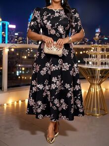 SHEIN Lady 大尺碼女款花卉印花休閒 90 年代優雅派對正式洗禮賓客晚禮服婚禮黑白夏季 - 彩色 - 查看 3