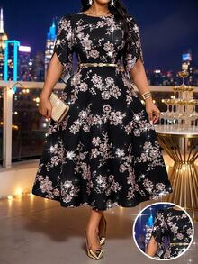 SHEIN Lady 大尺碼女款花卉印花休閒 90 年代優雅派對正式洗禮賓客晚禮服婚禮黑白夏季 - 彩色 - 查看 1