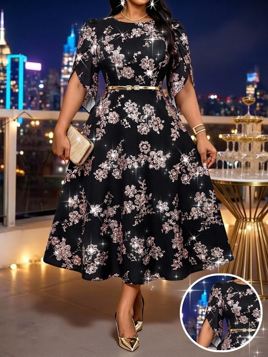 SHEIN Lady 大尺碼女款花卉印花休閒 90 年代優雅派對正式洗禮賓客晚禮服婚禮黑白夏季 - 彩色 - 查看 1