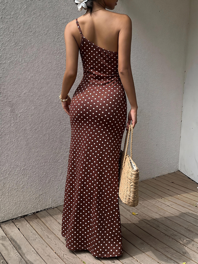 Vivid Eden Women's Summer Mediterranean Style Vintage Polka Dot One-Shoulder Dress, Santorini Style Slim Fit Elastic Bodycon Vacation Casual Slimming, Suitable For Mediterranean Style Beach Vacation, Daily Outings, Santorini Photo Spots, Weekend Dates And All Occasions - Brown - View 15