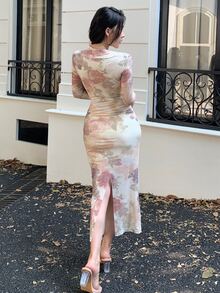 DAZY Floral Print Mesh Slit Midi Dress For Women, Suitable For Valentine's Day, Banquet, Back To School - Apricot - View 3