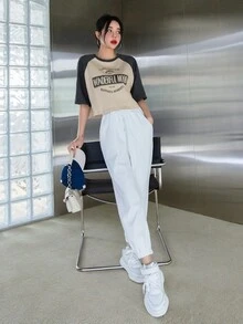 DAZY Letter Graphic Contrast Raglan Sleeve Crop Tee Summer Preppy Tops - Khaki - View 9