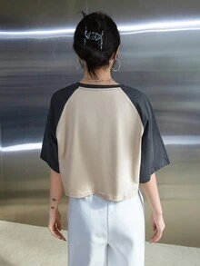 DAZY Letter Graphic Contrast Raglan Sleeve Crop Tee Summer Preppy Tops - Khaki - View 2