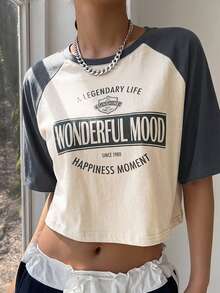 DAZY Letter Graphic Contrast Raglan Sleeve Crop Tee Summer Preppy Tops - Khaki - View 11